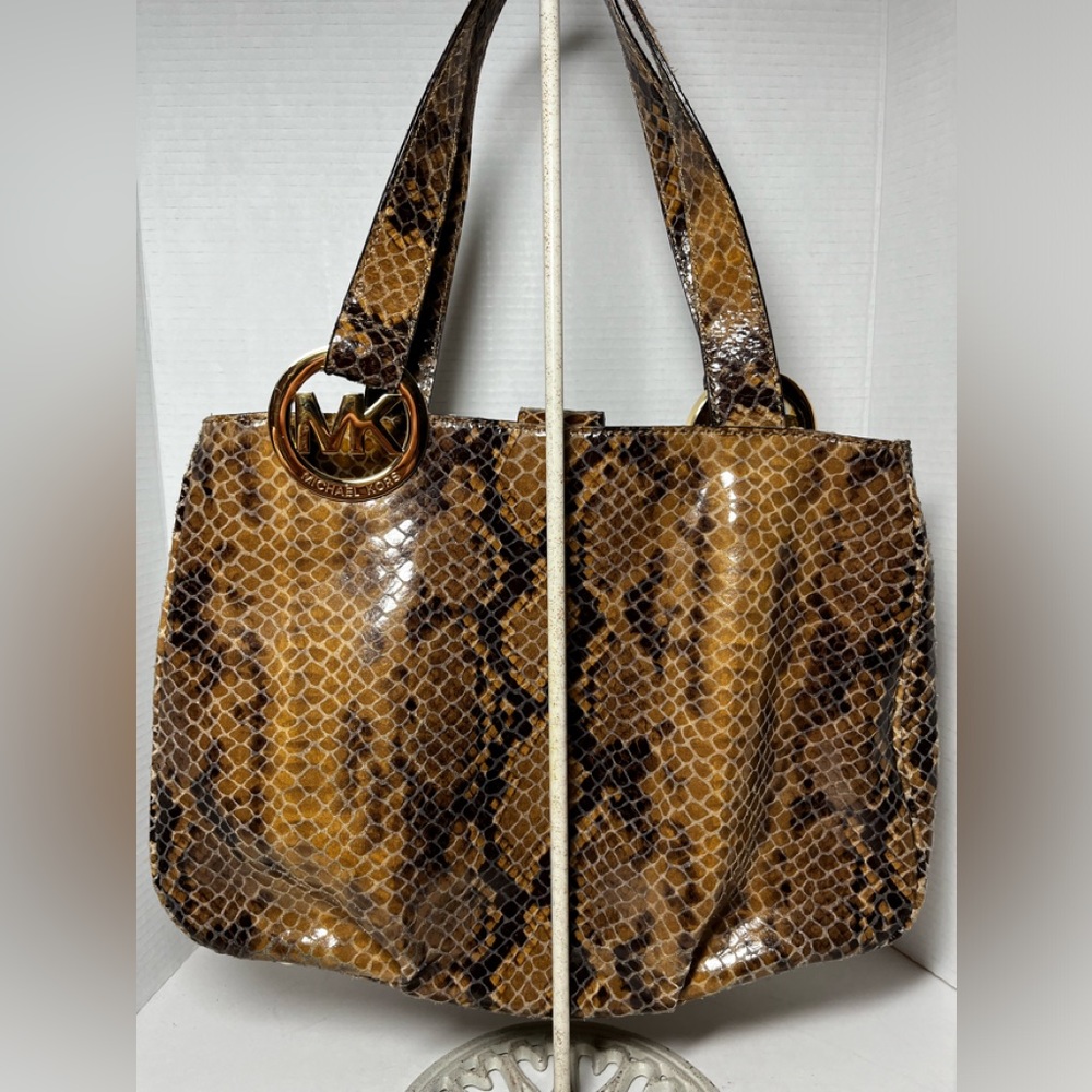 Michael Kors - Python Embossed Leather Shoulder Bag - Gray/Tan - Picture 2 of 10